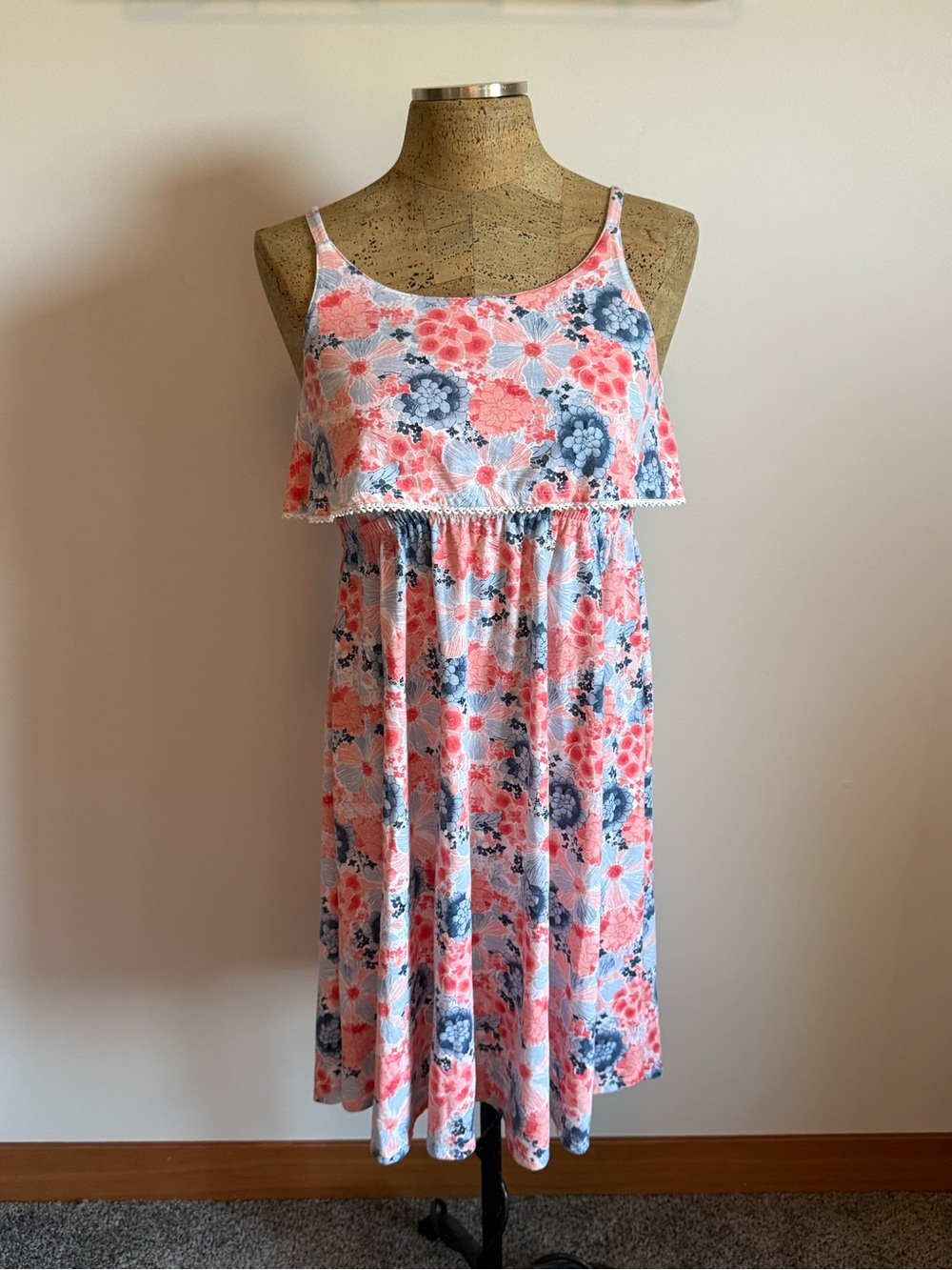 Lucky Brand Coral and Navy Floral Ruffle Sundress